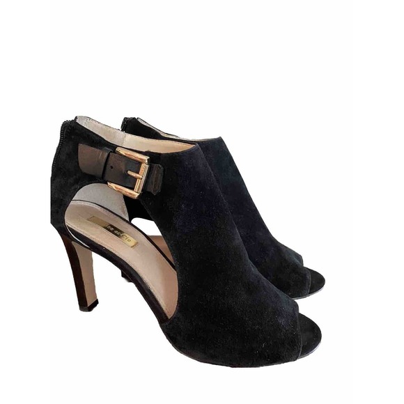 LOUISE et CIE Olivia Black Peep-Toe Suede High Heeled Booties Zip Ankle Size 8 - Picture 1 of 8